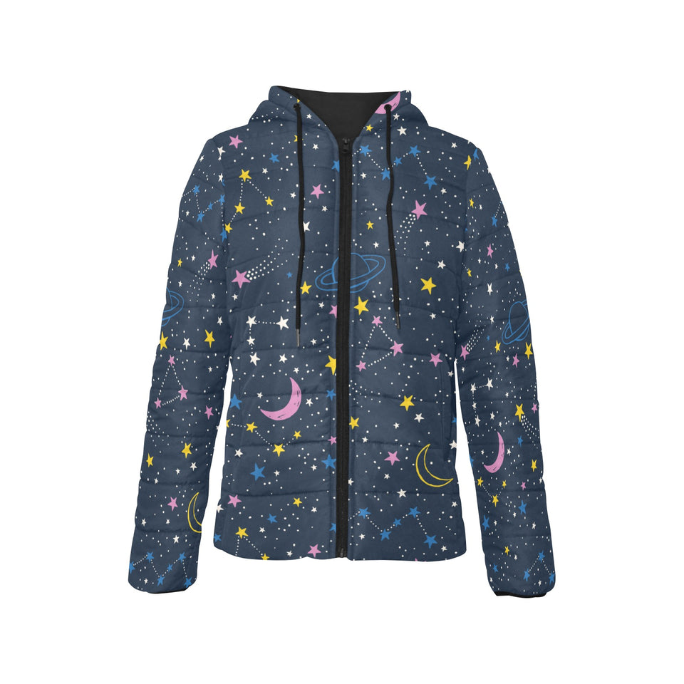 space pattern with planets, comets, constellations Women's Padded Hooded Jacket
