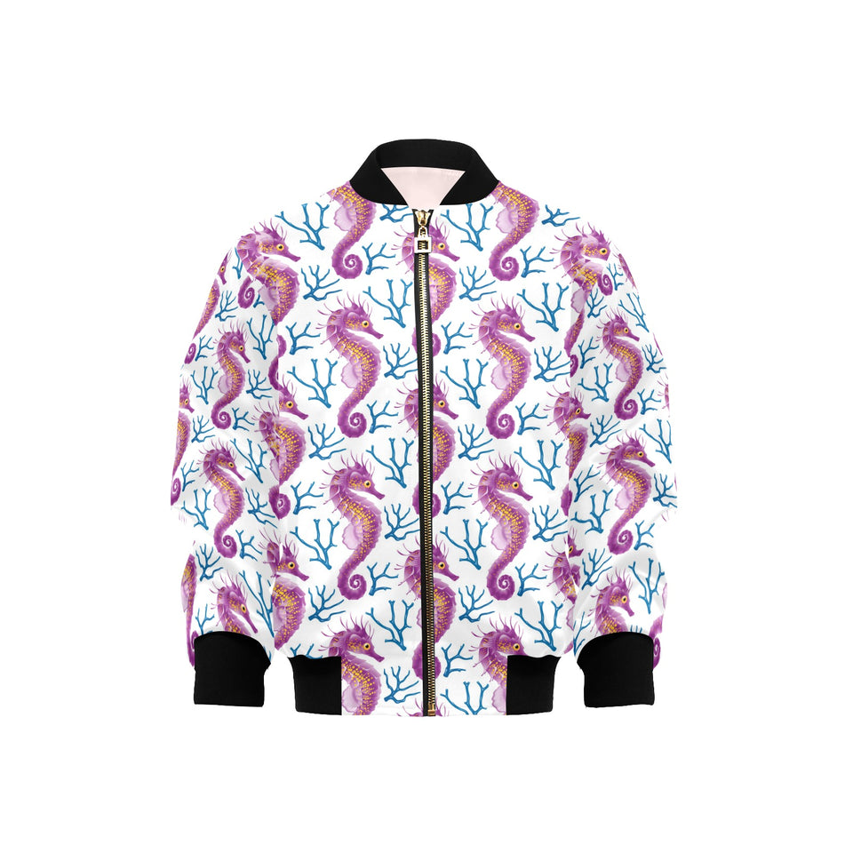 Purple seahorse blue coral pattern Kids' Boys' Girls' Bomber Jacket