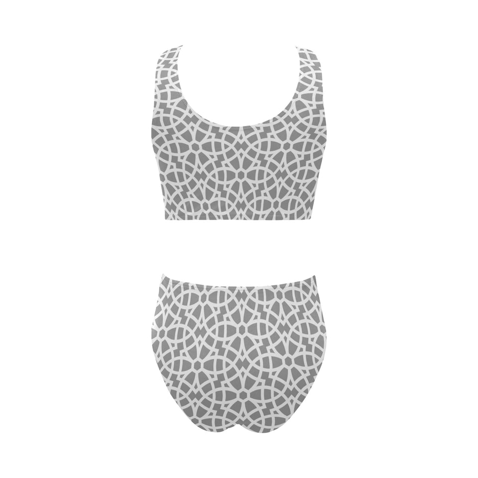 arabic gray pattern Chest Bowknot High Waisted Bikini Swimsuit