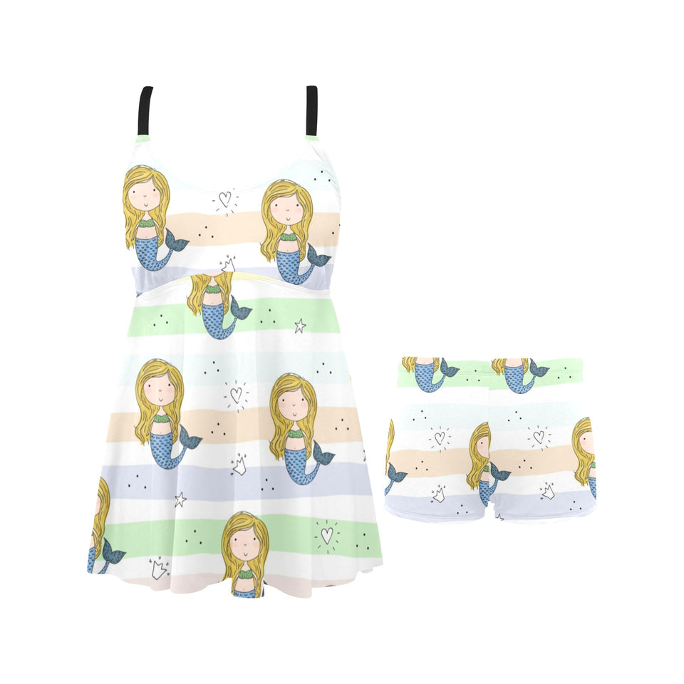 Cute hand drawn mermaid Chest Sexy Pleated Two Piece Swim Dress