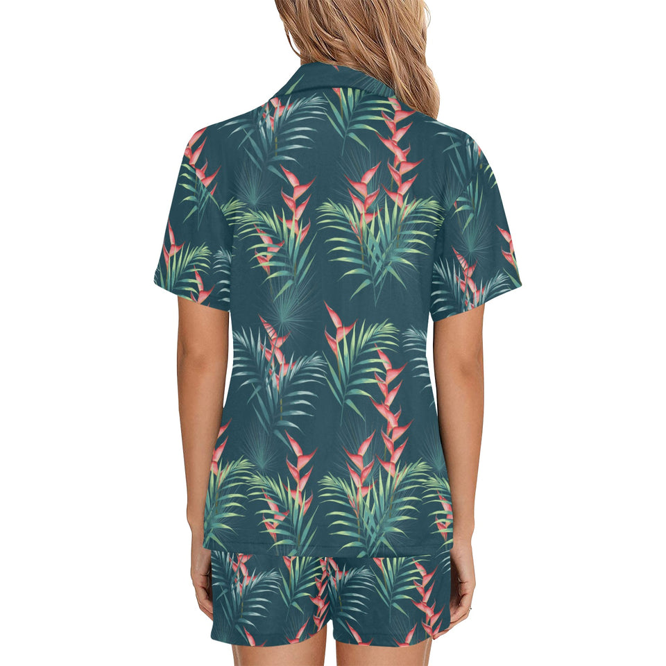 heliconia flowers, palm and monstera leaves on bla Women's V-Neck Short Pajama Set