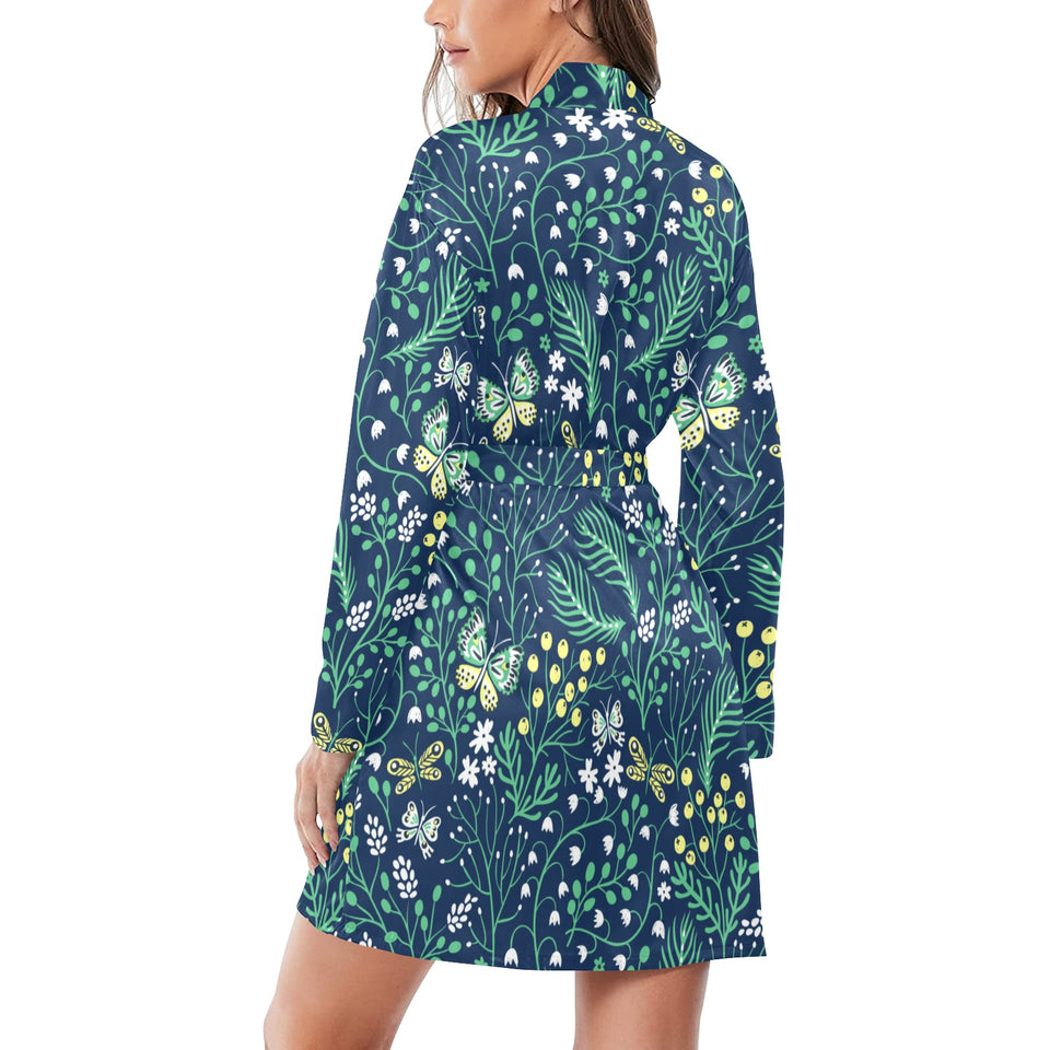 butterfly leaves pattern Women's Long Sleeve Belted Night Robe