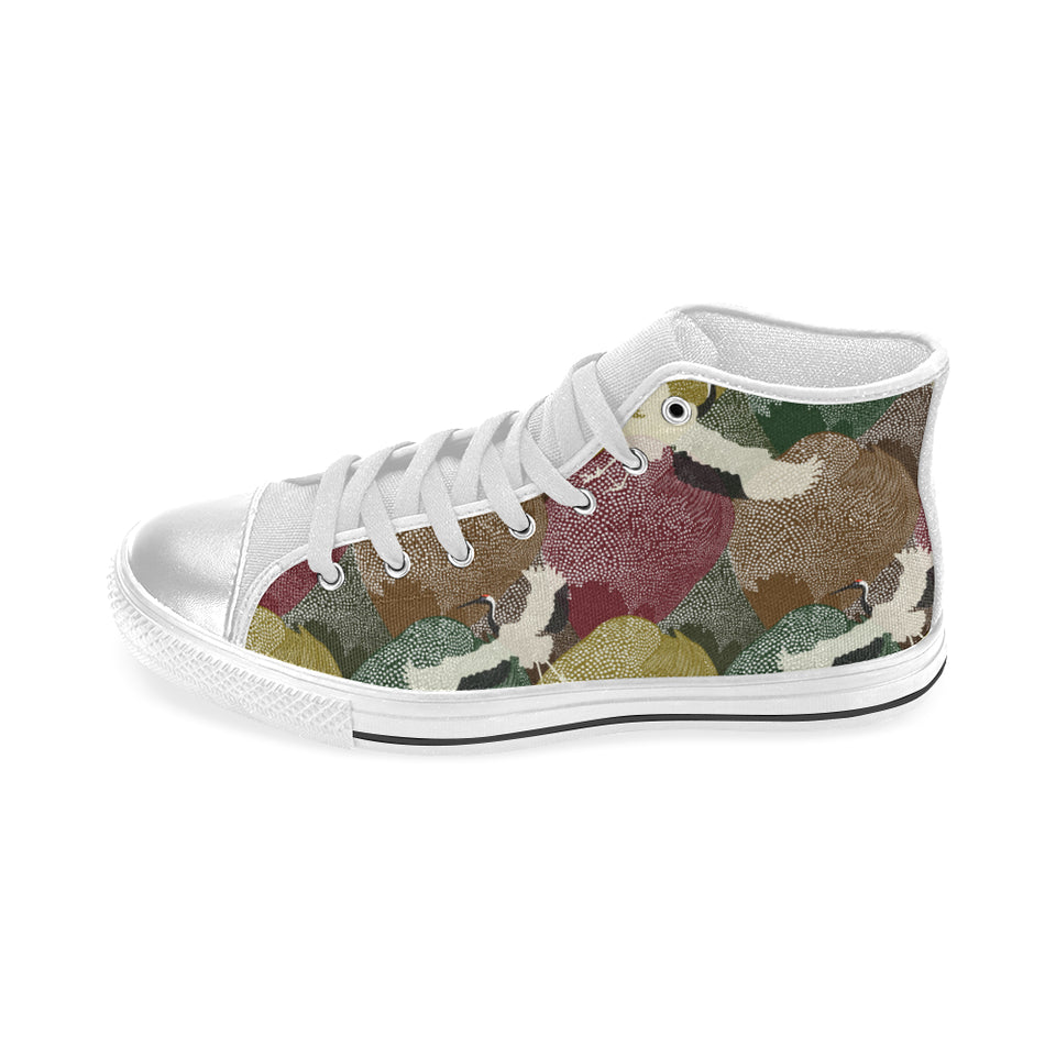 Japanese cranes flying forest dot pattern Women's High Top Canvas Shoes White