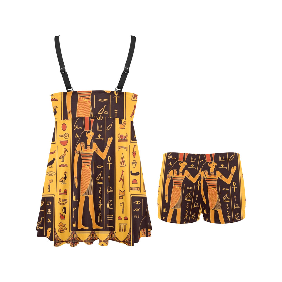 Egypt Hieroglyphics Pattern Print Design 05 Chest Sexy Pleated Two Piece Swim Dress
