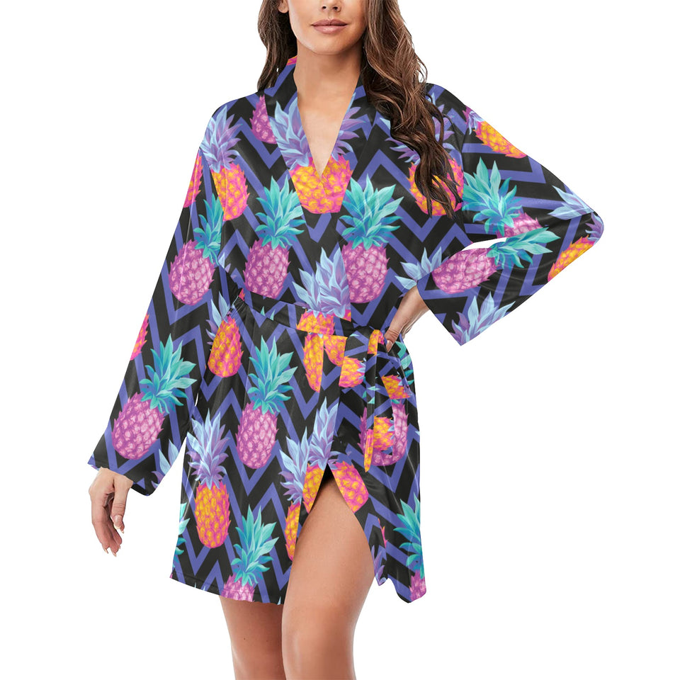 Pineapples pattern zigzag background Women's Long Sleeve Belted Night Robe