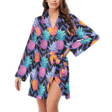 Pineapples pattern zigzag background Women's Long Sleeve Belted Night Robe
