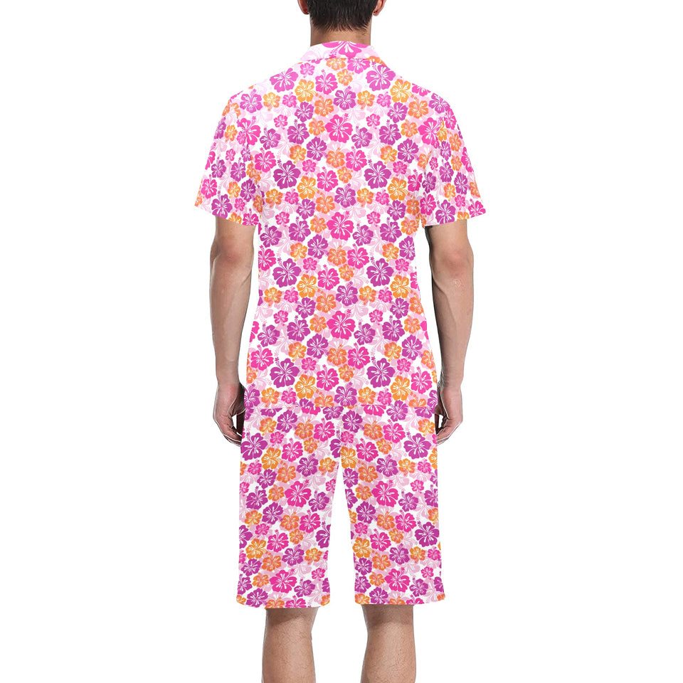 Hibiscus Pattern Print Design 01 Men's V-Neck Short Pajama Set