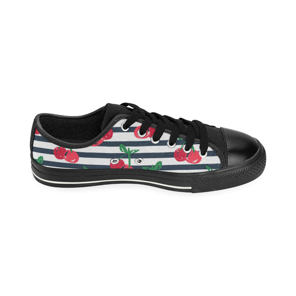 Hand drawn cherry pattern striped background Men's Low Top Canvas Shoes Black