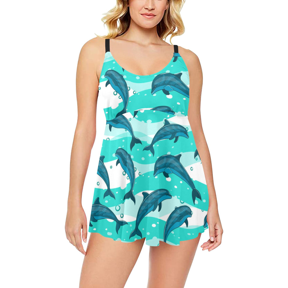Dolphin sea pattern Chest Sexy Pleated Two Piece Swim Dress