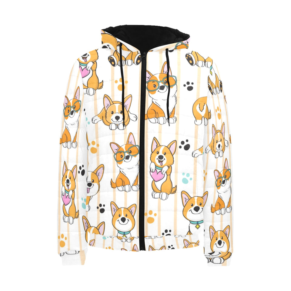 Cute dog corgi striped background pattern Men's Padded Hooded Jacket