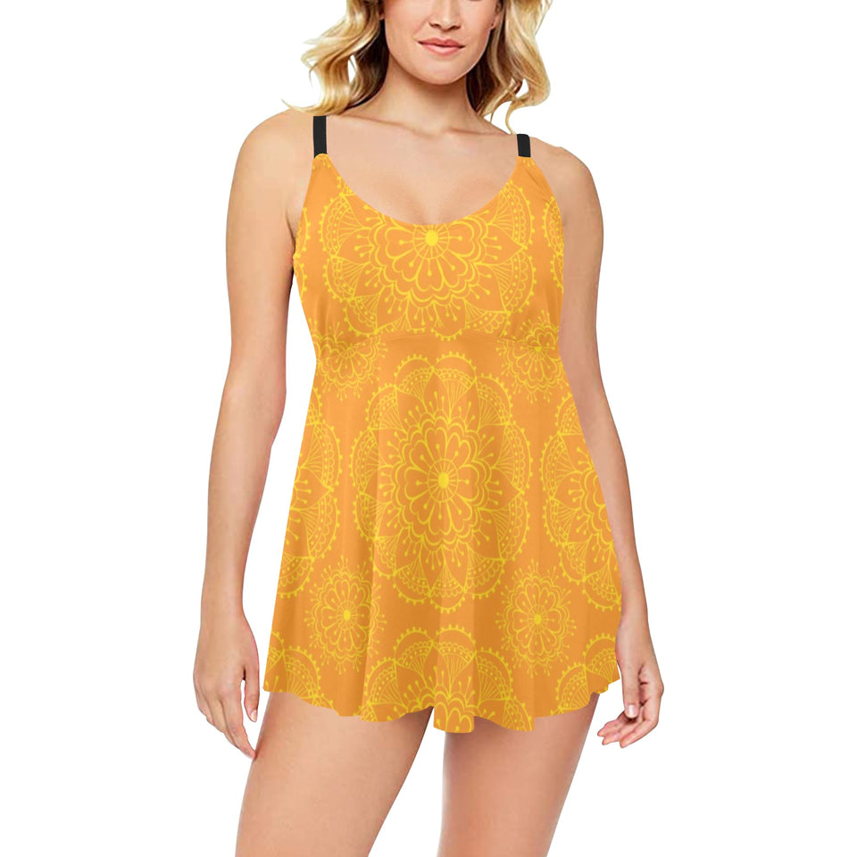 Orange traditional indian element pattern Chest Sexy Pleated Two Piece Swim Dress