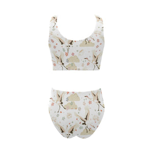 Beautiful Japanese cranes pattern Chest Bowknot High Waisted Bikini Swimsuit