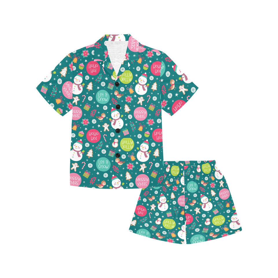 Snowman bird decorative elements christmas pattern Kids' Boys' Girls' V-Neck Short Pajama Set