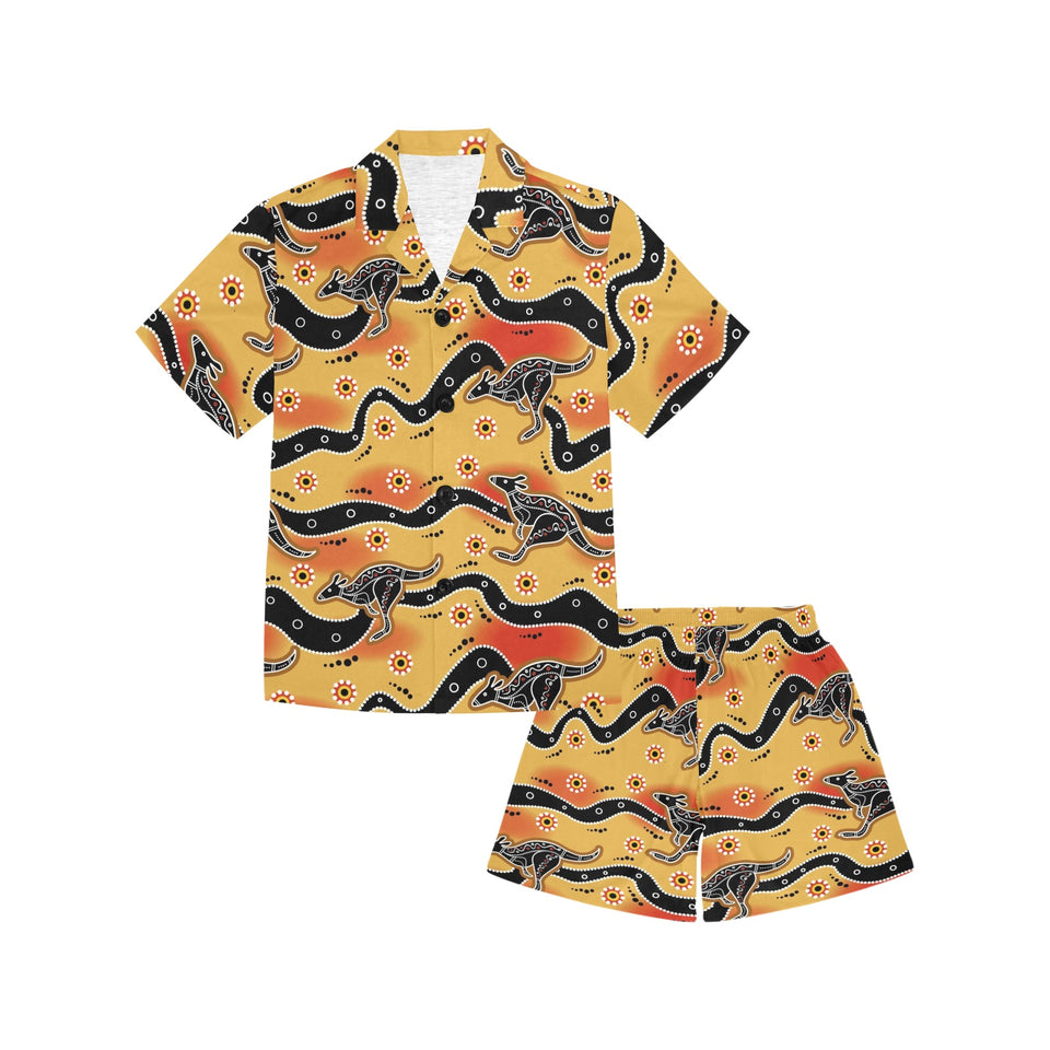 Kangaroo Australian aboriginal art pattern Kids' Boys' Girls' V-Neck Short Pajama Set