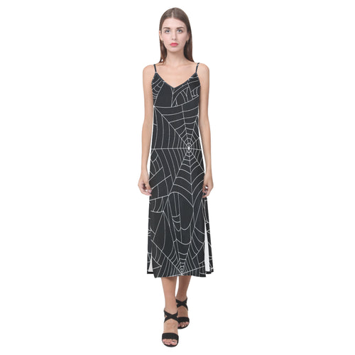 Spider web pattern Black background white cobweb V-Neck Open Fork Long Dress