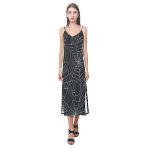 Spider web pattern Black background white cobweb V-Neck Open Fork Long Dress