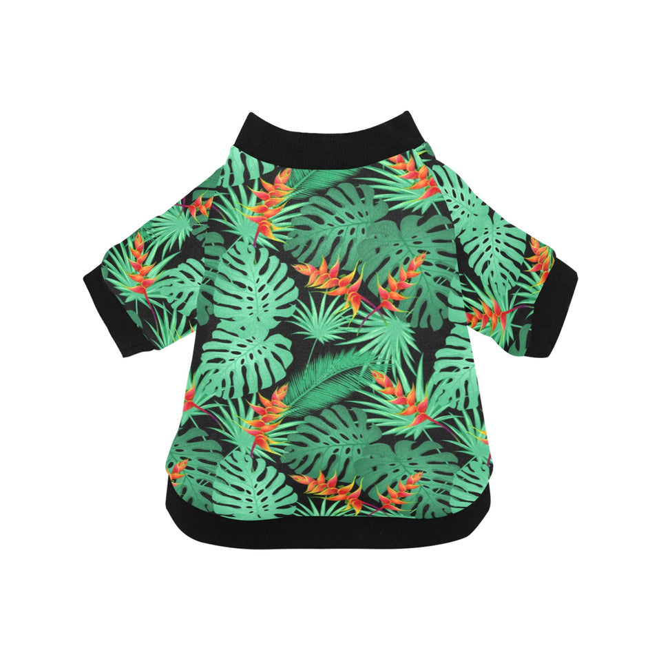 heliconia flower palm monstera leaves black backgr All Over Print Pet Dog Round Neck Fuzzy Shirt