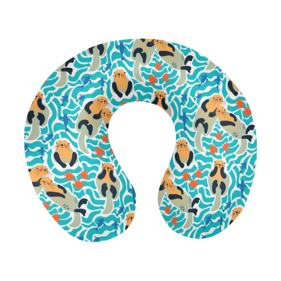 Cute sea otters fishe sea urchin pattern U-Shaped Travel Neck Pillow