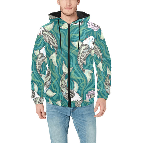 Koi Fish Carp Fish lotus pattern Men's Padded Hooded Jacket