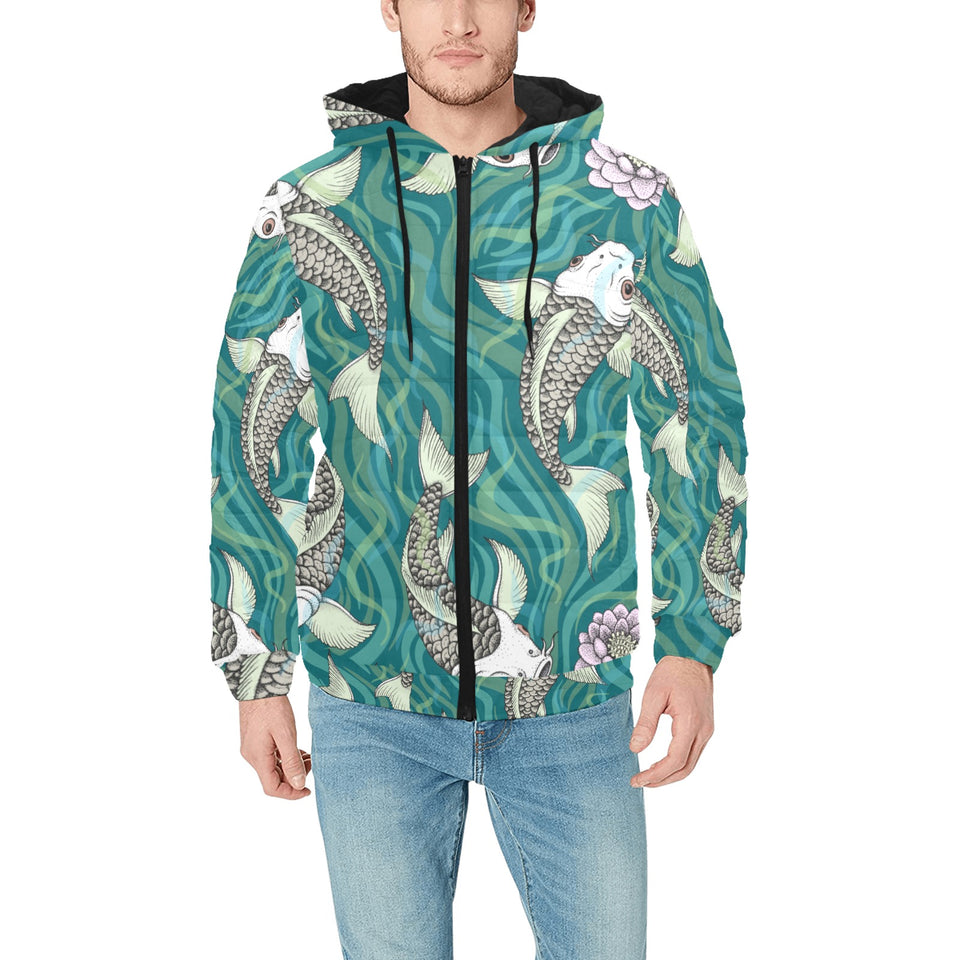 Koi Fish Carp Fish lotus pattern Men's Padded Hooded Jacket