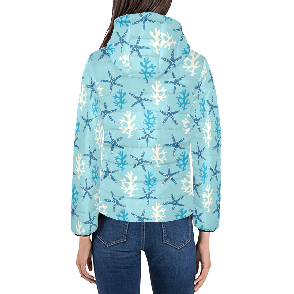Blue starfish coral reef pattern Women's Padded Hooded Jacket