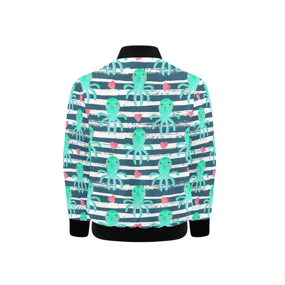 Cute octopuses heart striped background Kids' Boys' Girls' Bomber Jacket