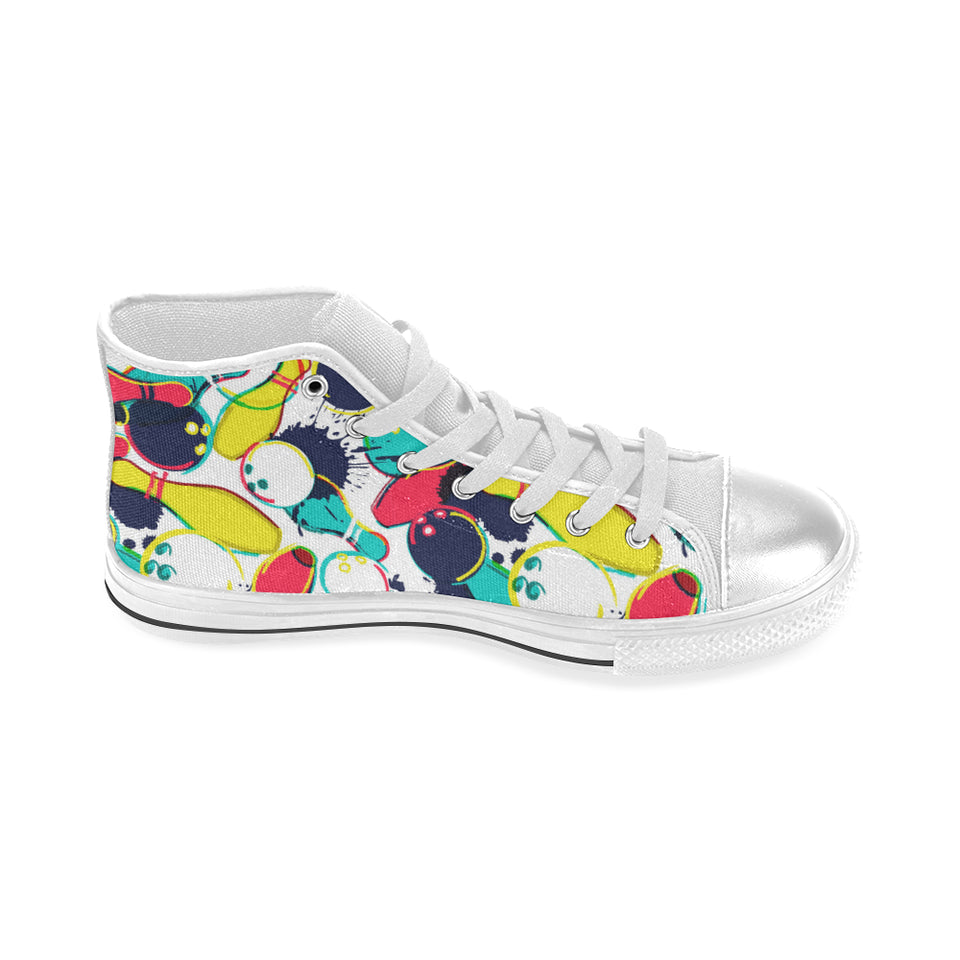 watercolor bowling ball pins Women's High Top Canvas Shoes White