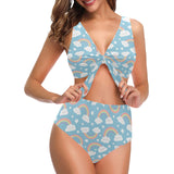 Cute rainbow clound star pattern blue background Chest Bowknot High Waisted Bikini Swimsuit