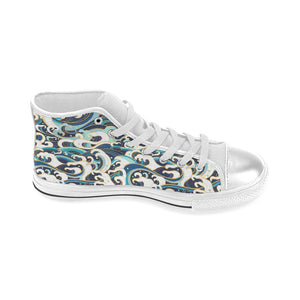 Japanese wave pattern Women's High Top Canvas Shoes White