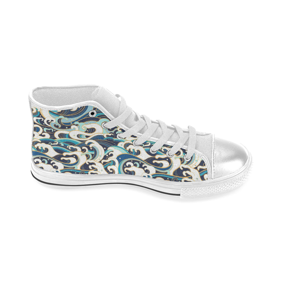 Japanese wave pattern Women's High Top Canvas Shoes White