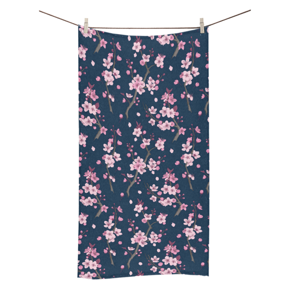 Pink sakura cherry blossom blue background Bath Towel