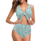 Cute koalas blue background pattern Chest Bowknot High Waisted Bikini Swimsuit