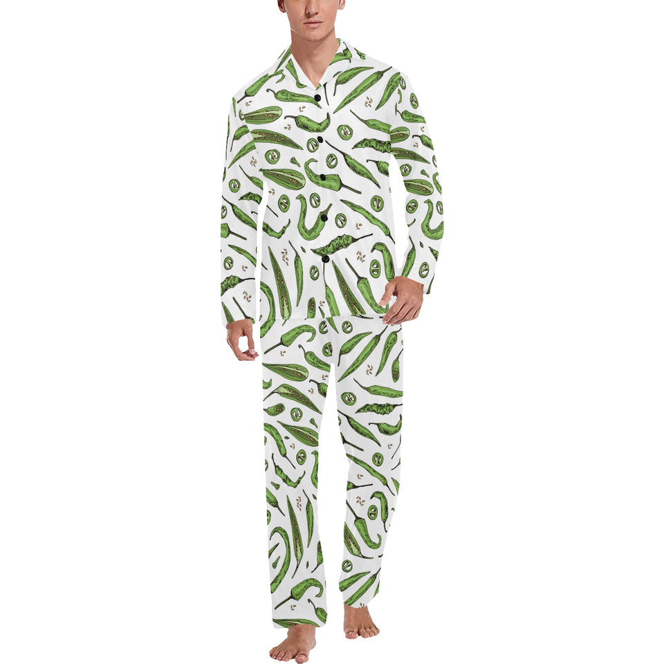 Hand drawn sketch style green Chili peppers patter Men's Long Pajama Set