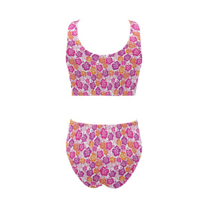 Hibiscus Pattern Print Design 01 Chest Bowknot High Waisted Bikini Swimsuit