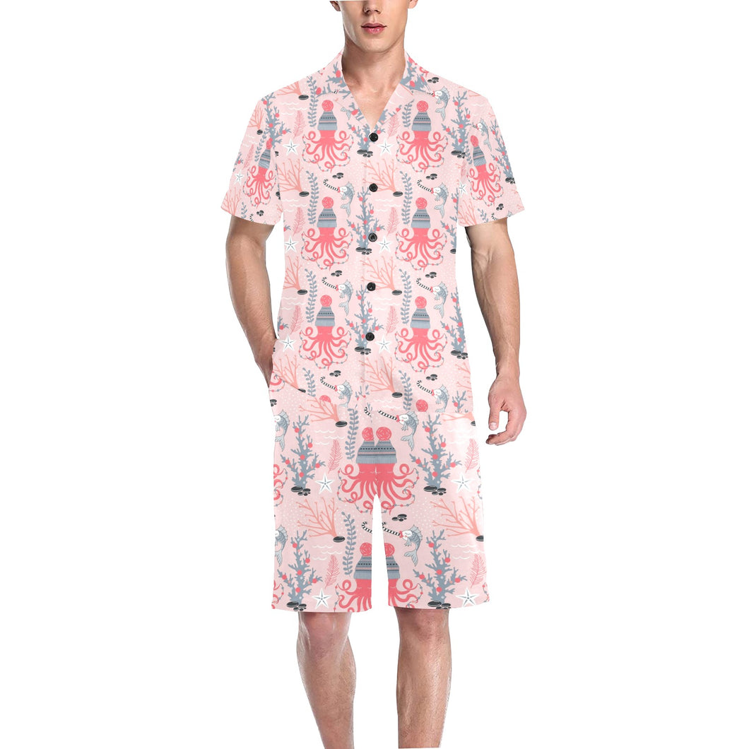 Octopus winter hat garland Fish candy Seaweed Cora Men's V-Neck Short Pajama Set