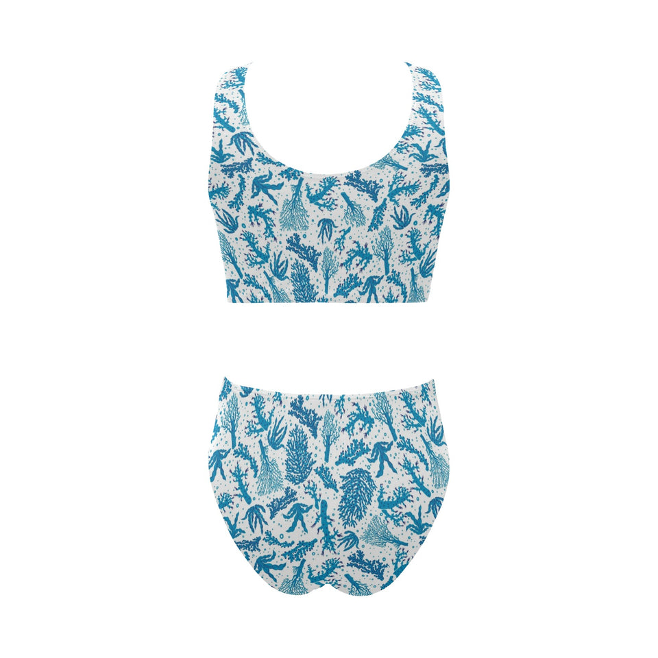 Coral Reef Pattern Print Design 01 Chest Bowknot High Waisted Bikini Swimsuit