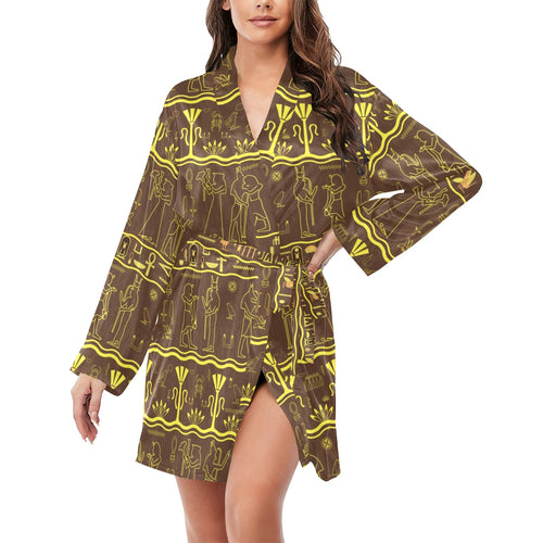 Egypt Hieroglyphics Pattern Print Design 03 Women's Long Sleeve Belted Night Robe