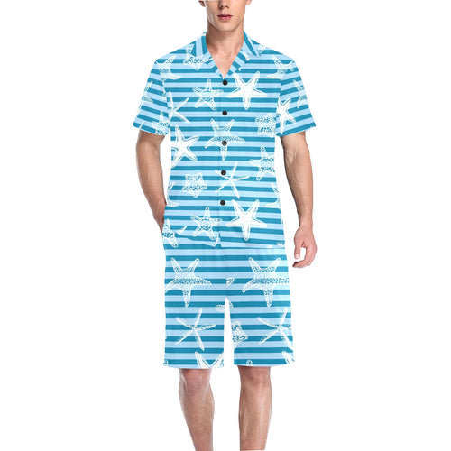 Starfish blue blackground Men's V-Neck Short Pajama Set