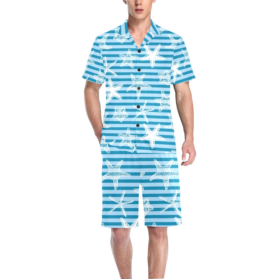 Starfish blue blackground Men's V-Neck Short Pajama Set