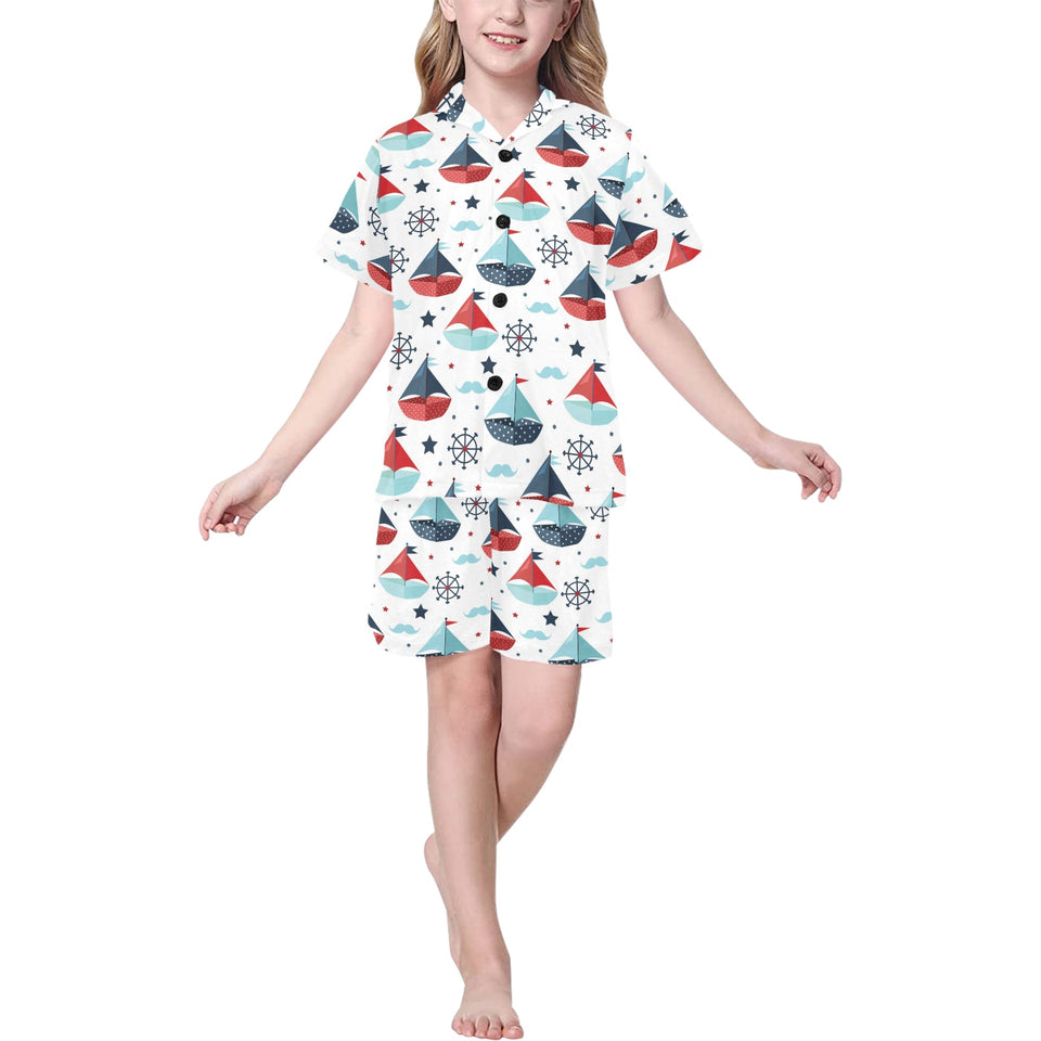 Cute color paper sailboat pattern Kids' Boys' Girls' V-Neck Short Pajama Set