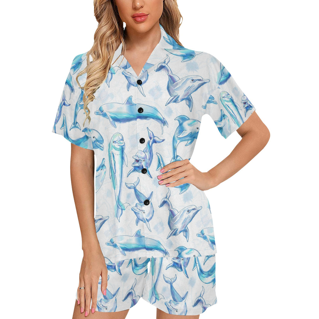 Watercolor dolphin pattern Women's V-Neck Short Pajama Set