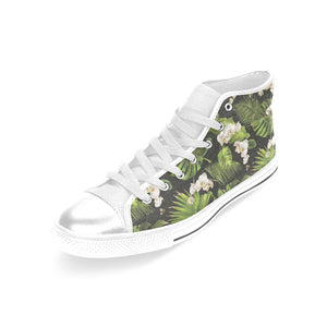 White orchid flower tropical leaves pattern blackg Women's High Top Canvas Shoes White