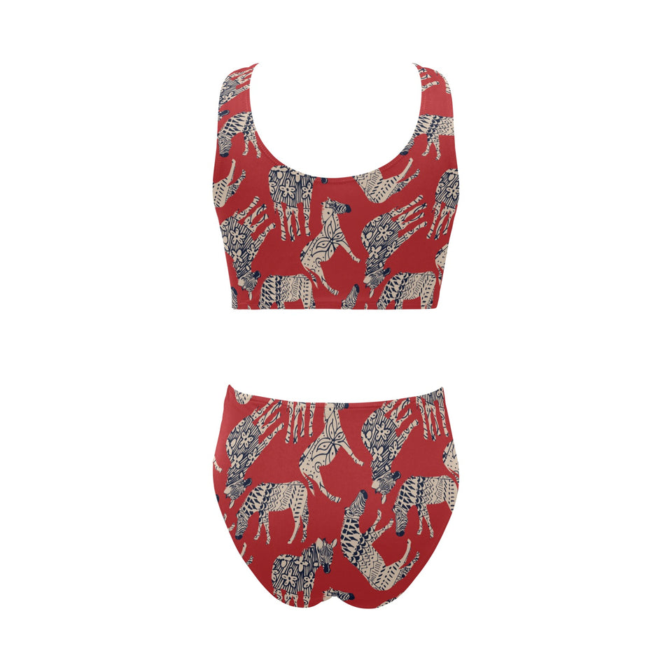 Zebra abstract red background Chest Bowknot High Waisted Bikini Swimsuit