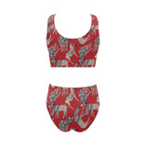 Zebra abstract red background Chest Bowknot High Waisted Bikini Swimsuit
