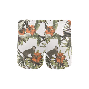 Monkey red hibiscus flower palm leaves floral patt Men's Swimming Trunks