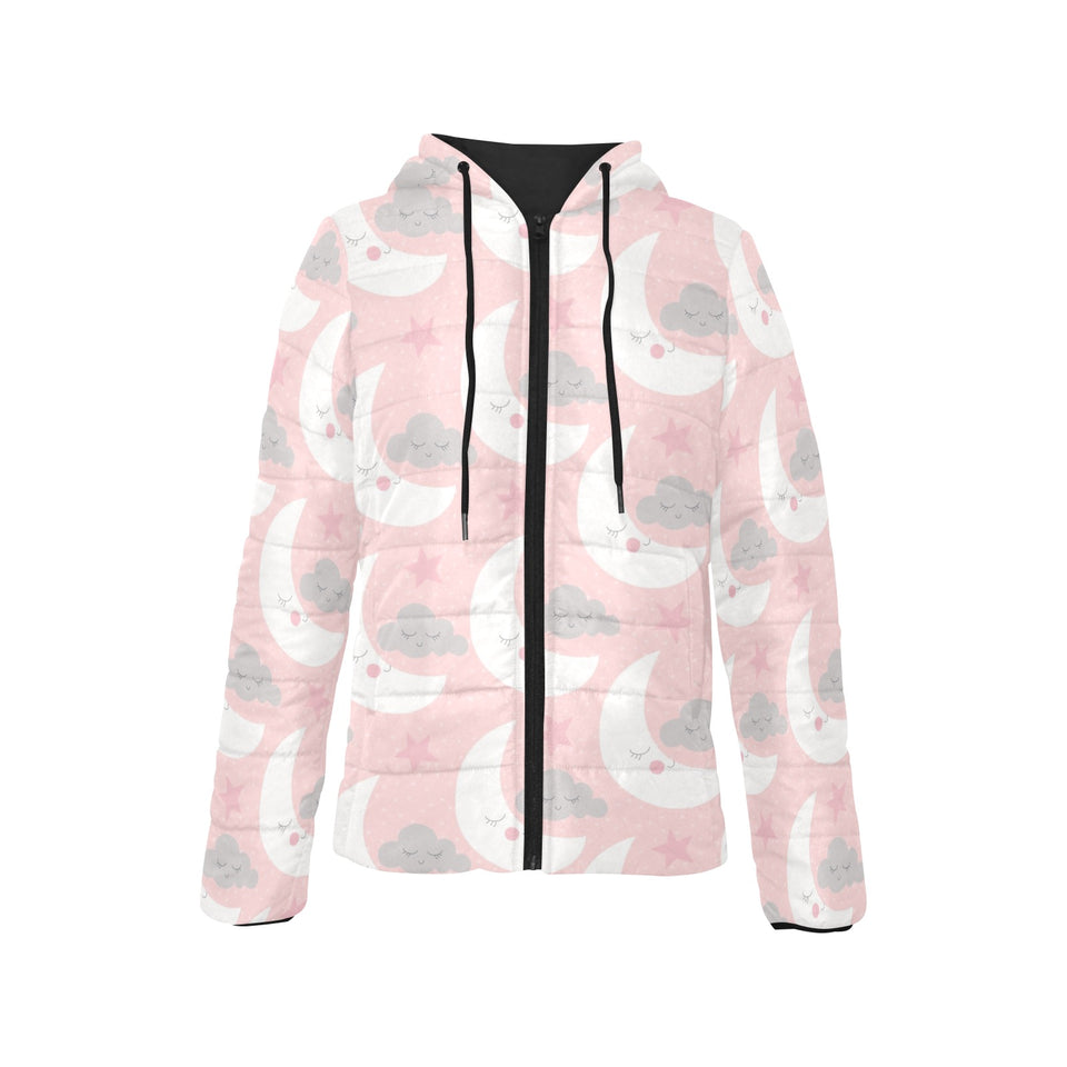 Cute moon cloud star pattern pink dot background Women's Padded Hooded Jacket