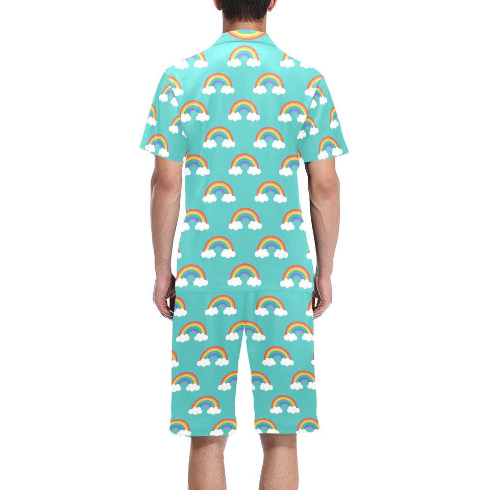 Rainbow pattern green background Men's V-Neck Short Pajama Set