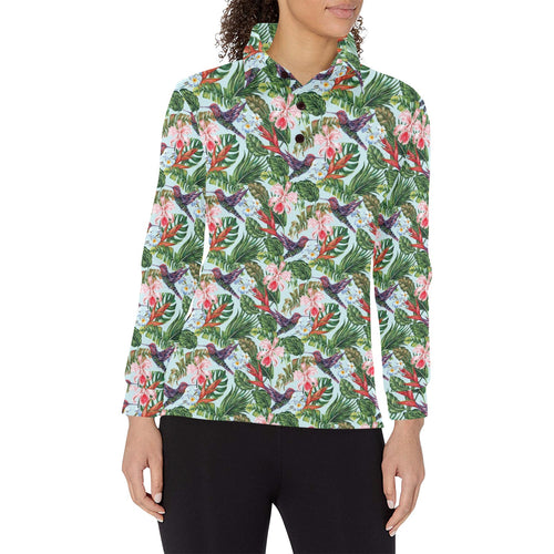 Hummingbird Pattern Print Design 05 Women's Long Sleeve Polo Shirt