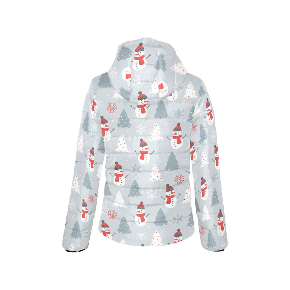 Snowman christmas tree snow gray background Women's Padded Hooded Jacket