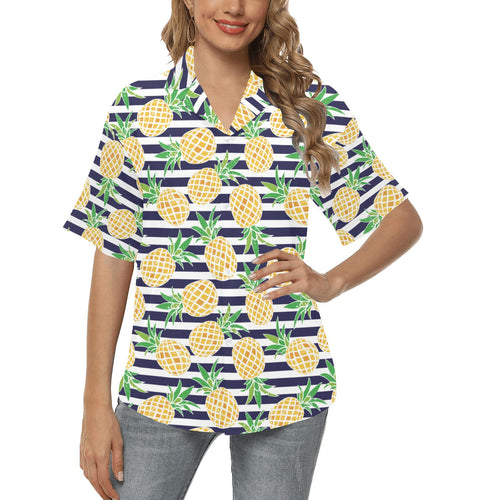 Pineapples pattern striped background Women's All Over Print Hawaiian Shirt